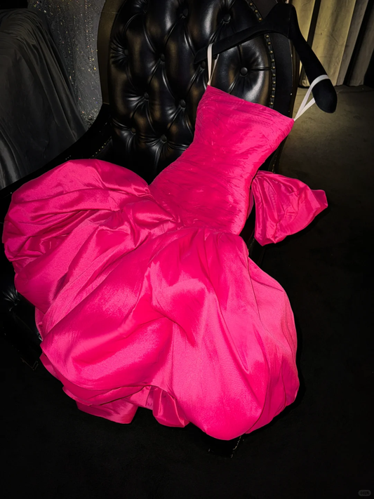 Vintage Hot Pink Strapless A-Line Satin Homecoming Dress Party Dress Cocktail Dress DP7325