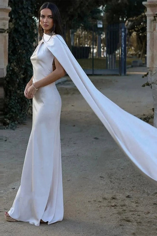 Vintage One-Shoulder Meerjungfrauen-Abendkleid aus Satin mit Cape und Schleppe DP8419