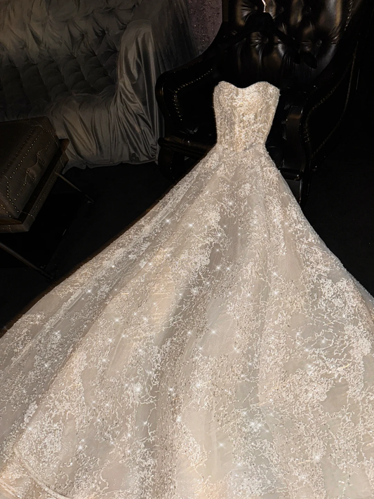 Glamorous Strapless Champagne Lace Sparkling Beaded Flowing Train Wedding Dress DP7307