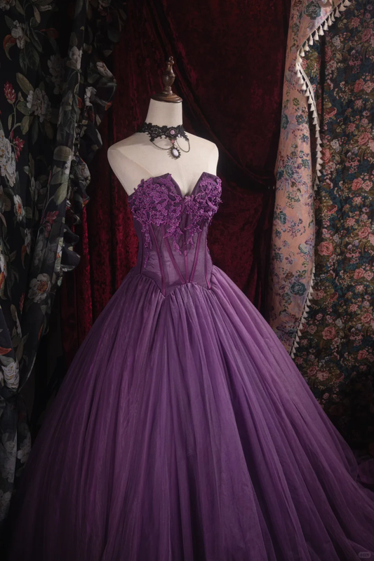 Vintage-Inspired Purple Tulle Strapless Lace Applique Sweet 16 Quinceanera Ball Gown DP7408