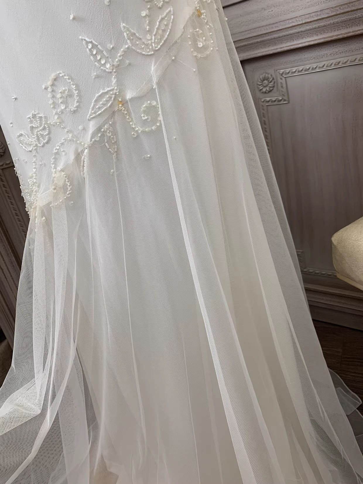 Vintage Ivory Sleeveless Mermaid Embroidery Tulle Wedding Dress DP7599