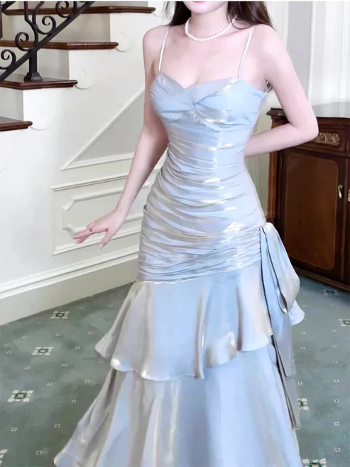 Silver Grey Straps Vintage Sheath Long Evening Party Dress DP3834