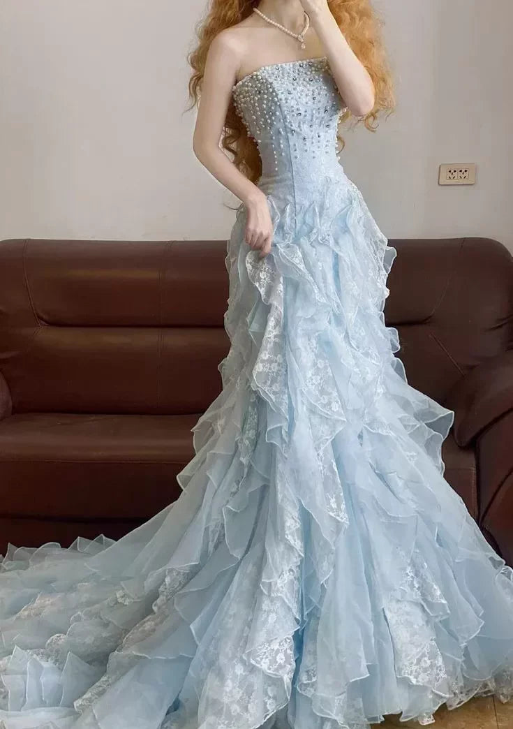 Glamorous Light Blue Strapless Mermaid Prom Dress Pearls Ruffle Tulle Lace Formal Evening Gown with Train DP8204