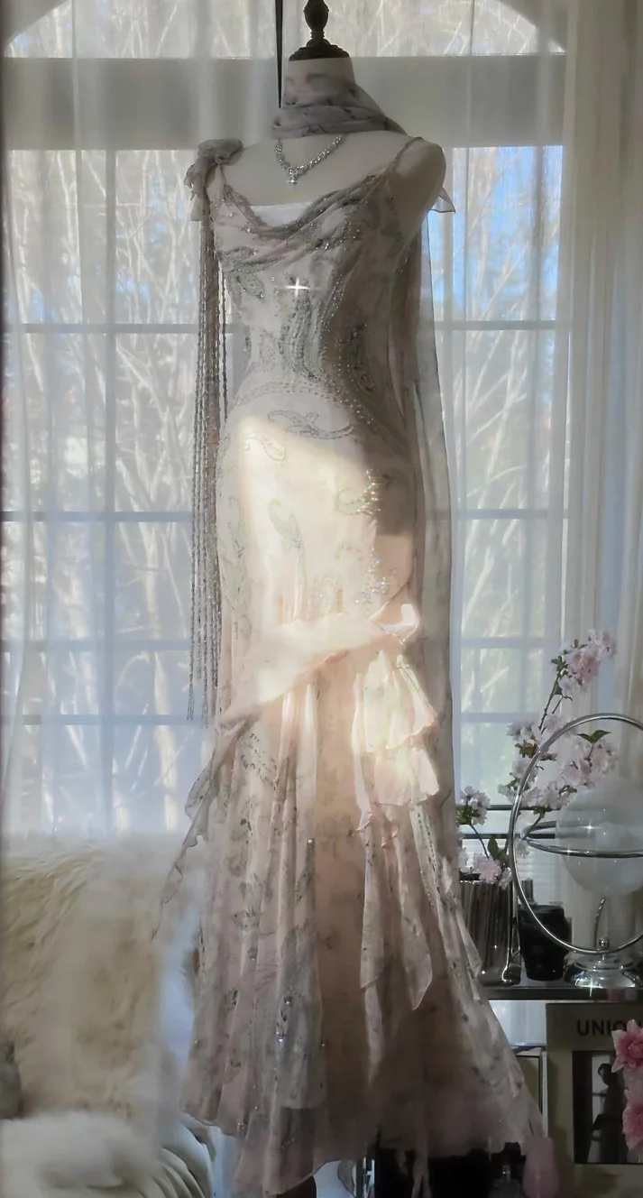 Light Sage Straps Mermaid Beading Chiffon Long Party Dress Birthday Dress, DP4972