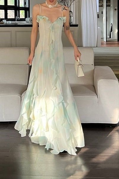 Vintage Mint Green Ombre Chiffon Maxi Prom Dress Ruffled Sweetheart Evening Gown DP8279