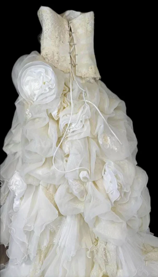 Elegant Ivory Lace Strapless Ruffled Tiered Beaded Wedding Dress DP7553