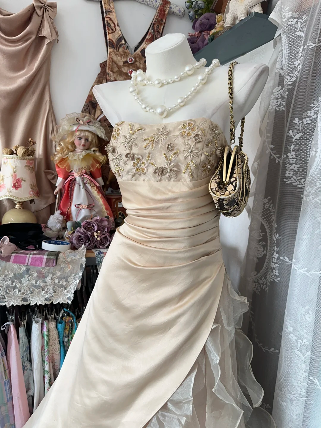 Romantic Champagne Strapless Floral Embroidery & Layered Ruffle Prom Dress DP8318