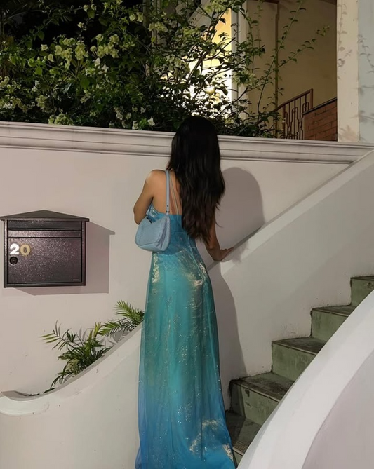 Charming Blue Halter Satin Tulle Long Evening Party Dress, DP3012