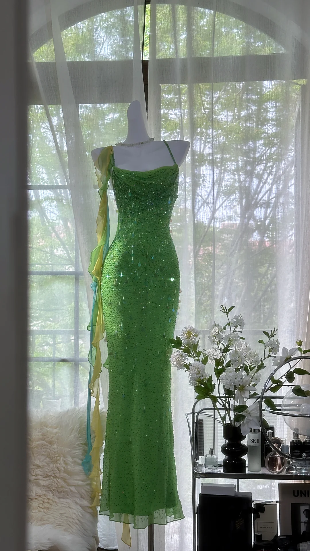 Vintage Shiny Sequin Green Spaghetti Strap Design A-line Romantic Chiffon Evening Dress Prom Dress DP6026