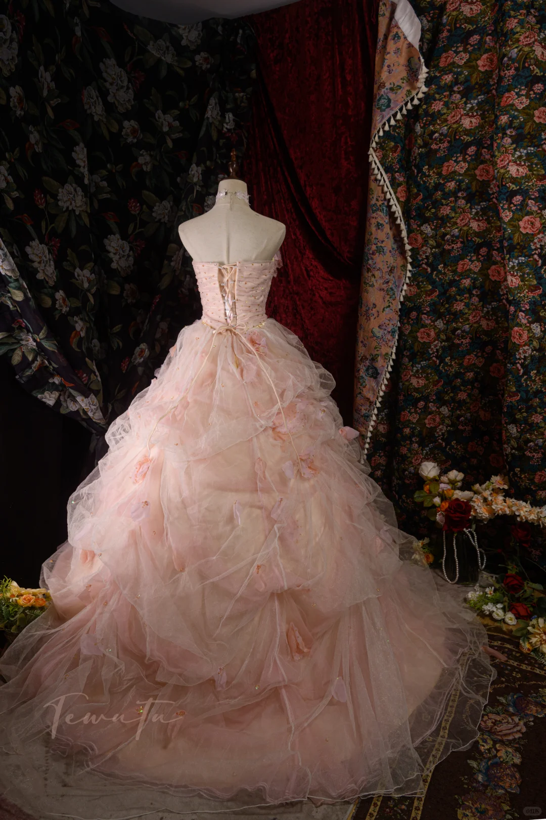 Gorgeous Pink Beaded Strapless Layered Tulle Ruffle 3D Floral Sweet 16 Quinceanera Ball Gown DP7415