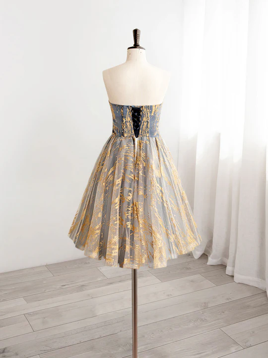 Vintage Sequin Beaded Strapless Ruffled Hem Design A-line Tulle Party Dress Homecoming Dress DP6073