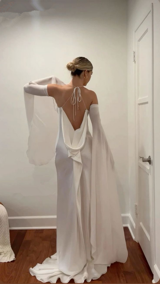 Robe de soirée longue en satin blanc à épaules dénudées et dos nu, DP3449