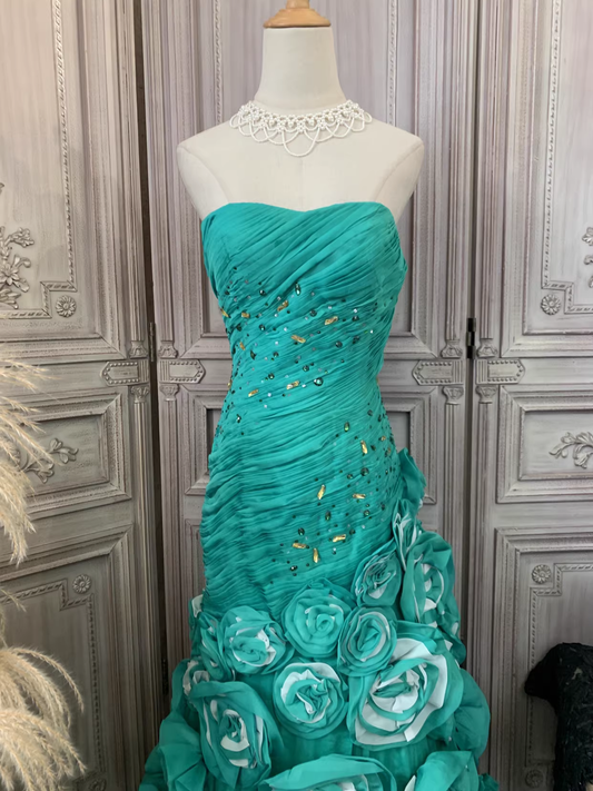 Vintage Turquoise Strapless Mermaid Evening Gown 3D Rose Ruffled Train Formal Prom Dress DP7592