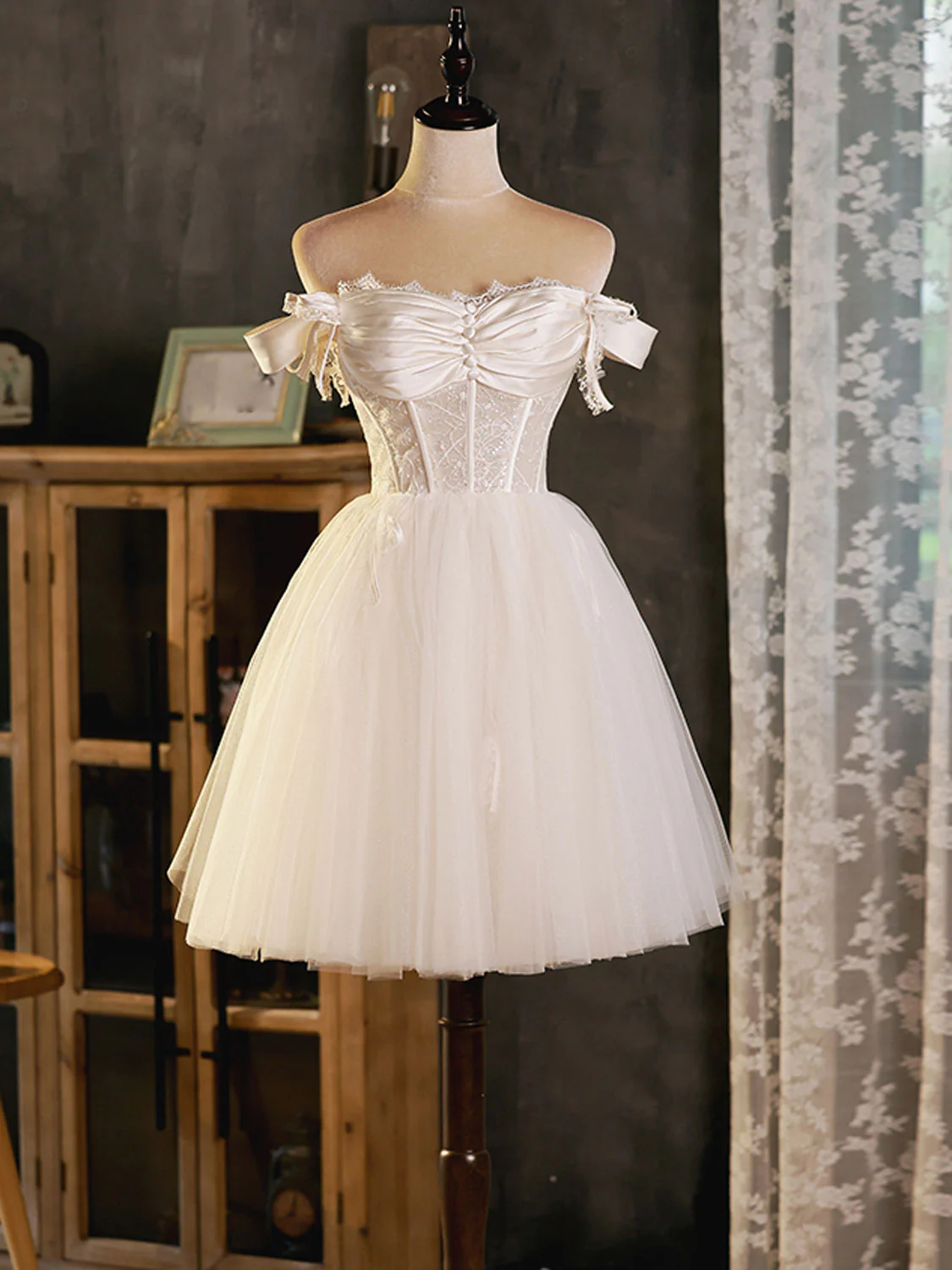 Robe de soirée trapèze en tulle et dentelle blanche vintage, épaules dénudées, DP6066