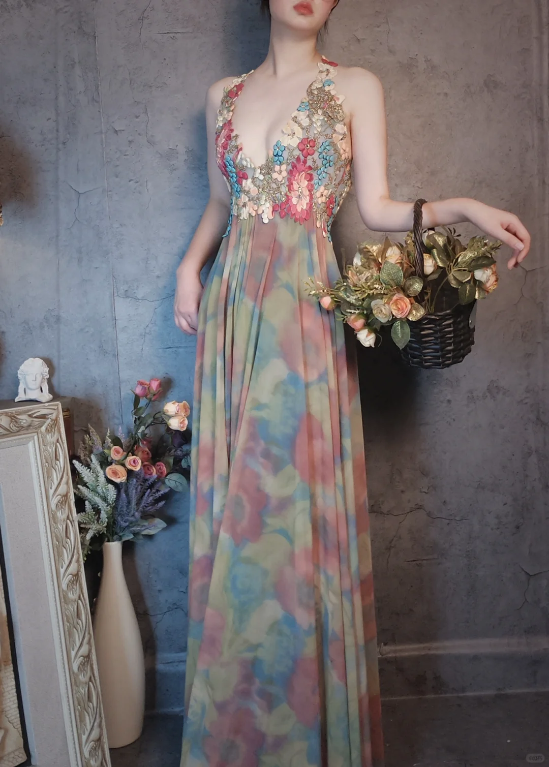 Vintage Floral Backless Design Elegant A-line Chiffon Evening Dress Prom Dress DP6049