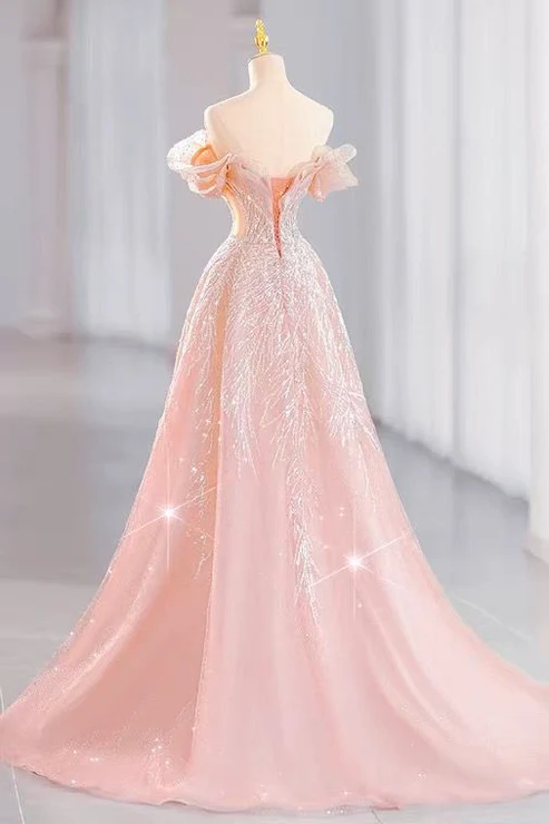 Pink Off Shoulder A-Line Tulle Appliques Long Formal Party Dress, DP4708