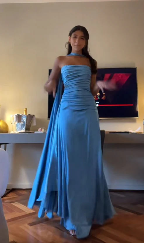Elegant Strapless A-Line Blue Simple Long Party Dress, DP2449