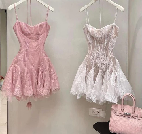 White Straps A-Line Lace Short Party Dress Homecoming Dress, DP3193