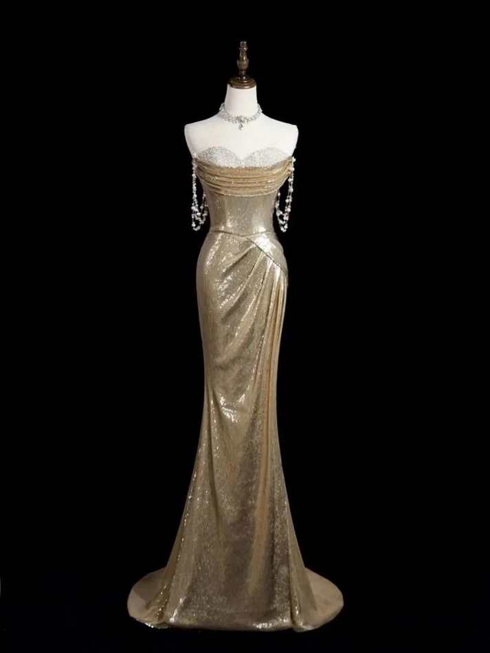Robe de soirée longue style sirène à paillettes, épaules dénudées, couleur champagne doré, DP5512