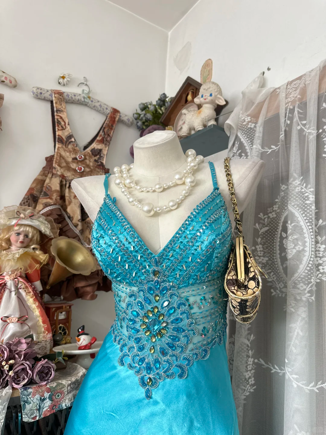 Vintage Turquoise Satin Mermaid Evening Dress Beaded High Slit Prom Dress DP8326