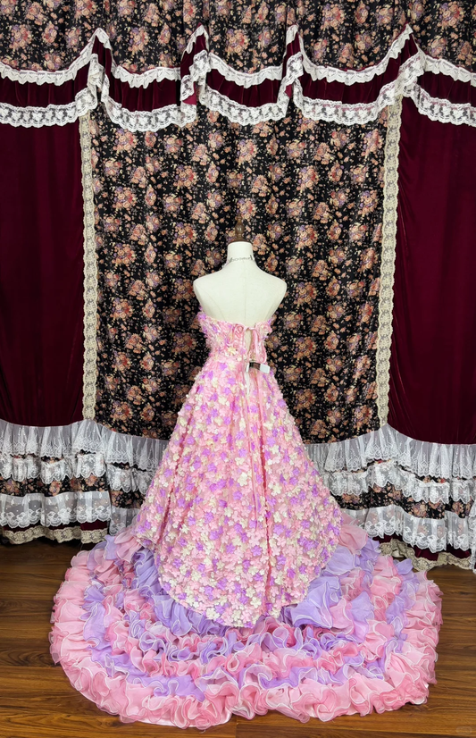 Gorgeous Applique Floral Sweet 16 Quinceanera Strapless A-Line Floor-length Tiered Prom Dress Evening Dress Ball Gown DP6418