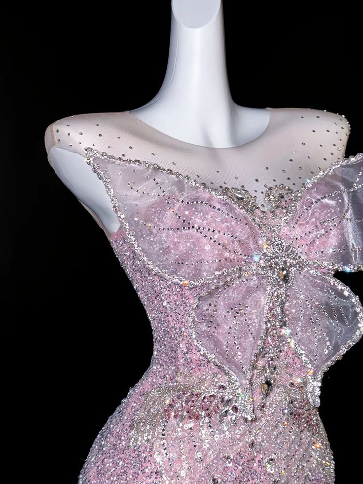 Vintage Pink Glittering Sequin Prom Dress Mermaid Evening Gown Butterfly Party Dress Long Formal Dress DP6892