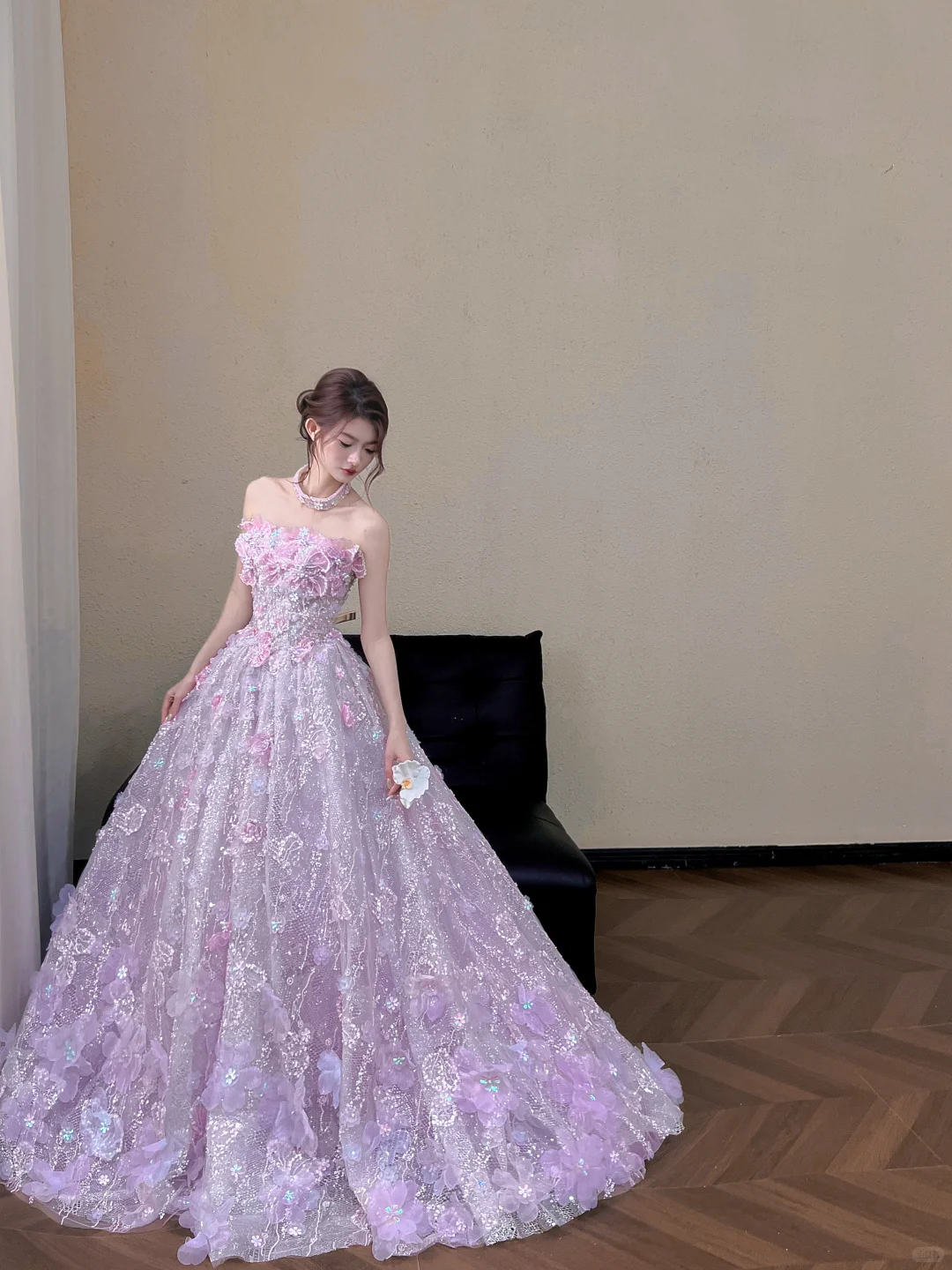 Sparkly Lavender Strapless 3D Floral Sequins Quinceanera Ball Gown DP8313