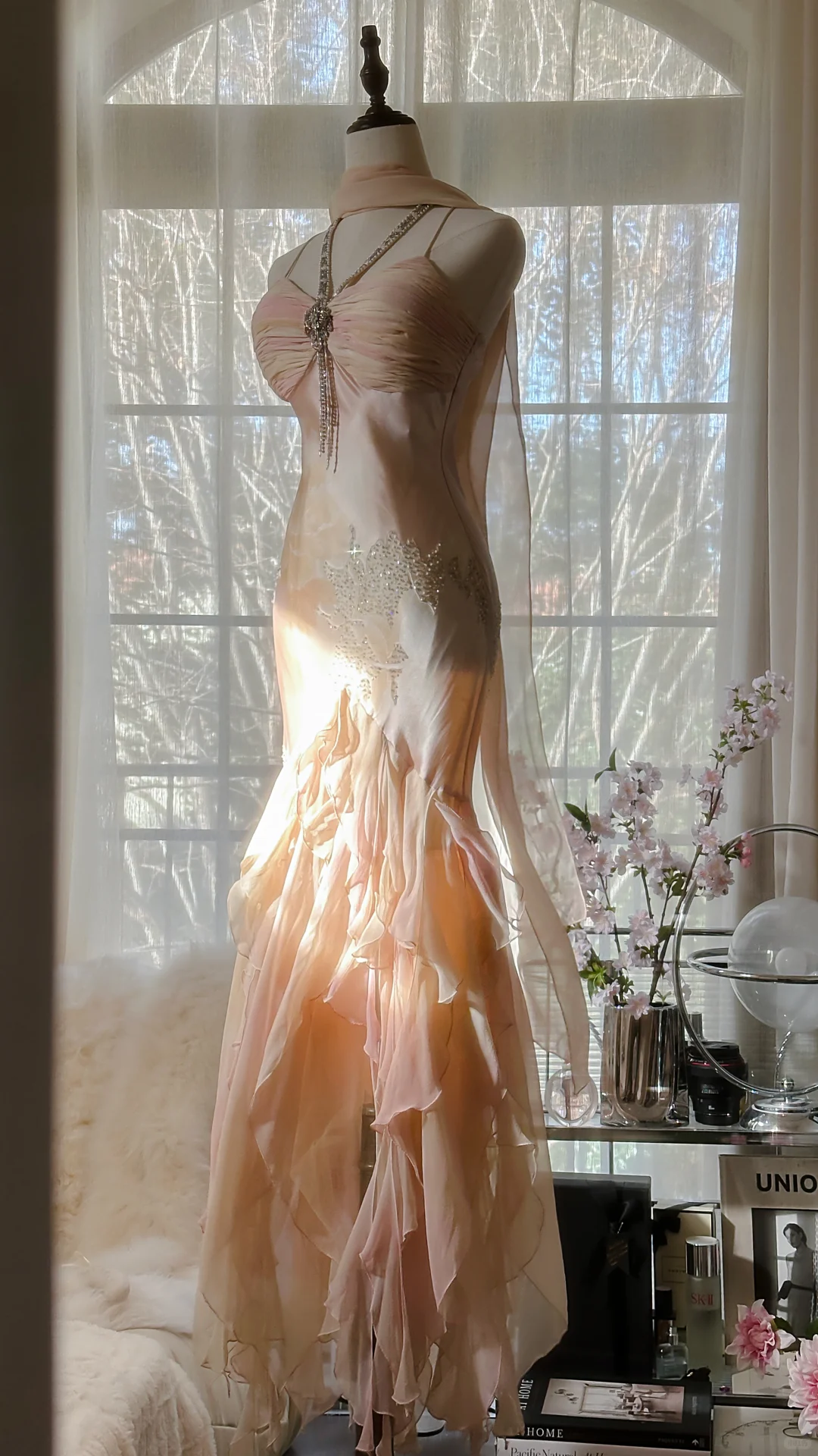 Vintage Mermaid Beaded Floral Design Romantic Chiffon Evening Dress Prom Dress DP6019
