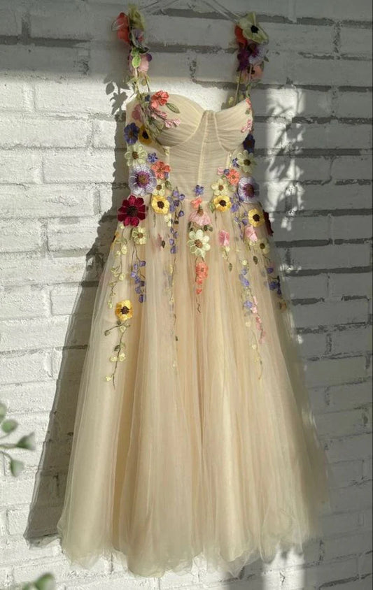 Vintage Floral Applique Prom Dress Long A-Line Evening Dress Chiffon Formal Dress, DP6593