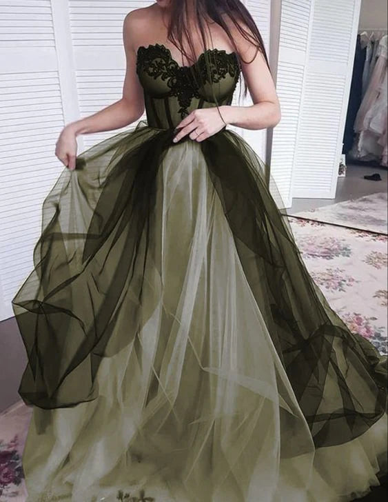 Vintage Dark Green A-Line Prom Dress Long Sweetheart Evening Dress Strapless Formal Dress, DP6584