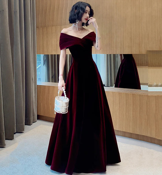 Vintage Burgundy Off-the-shoulder Velvet Design A-Line Evening Dress Prom Dress DP6131