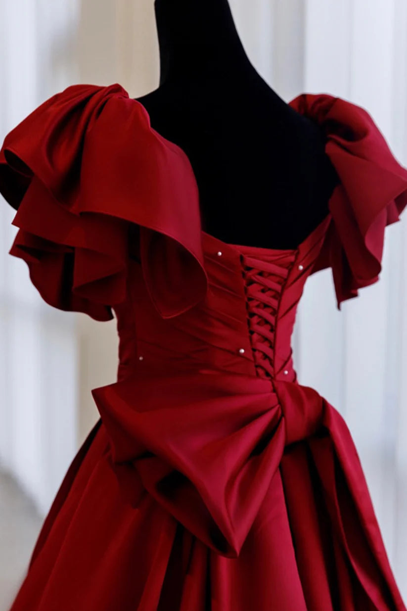 Gorgeous Burgundy V-neck Satin Puffy Sleeves Beading Sweet 16 Quinceanera A-Line Evening Dress Ball Gown DP6320