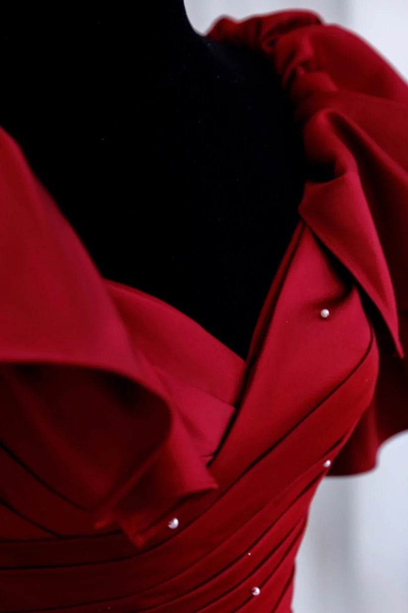 Gorgeous Burgundy V-neck Satin Puffy Sleeves Beading Sweet 16 Quinceanera A-Line Evening Dress Ball Gown DP6320