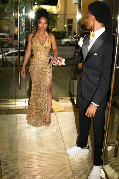 Chic Golden Sheath Beaded Sequin Prom Dress Evening Gown V-neck High Slit Party Dress Long Formal Dress DP6942