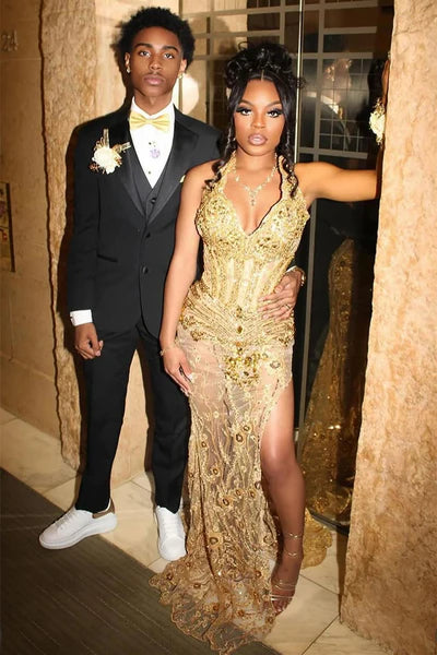 Chic Golden Sheath Beaded Sequin Prom Dress Evening Gown V-neck High Slit Party Dress Long Formal Dress DP6942