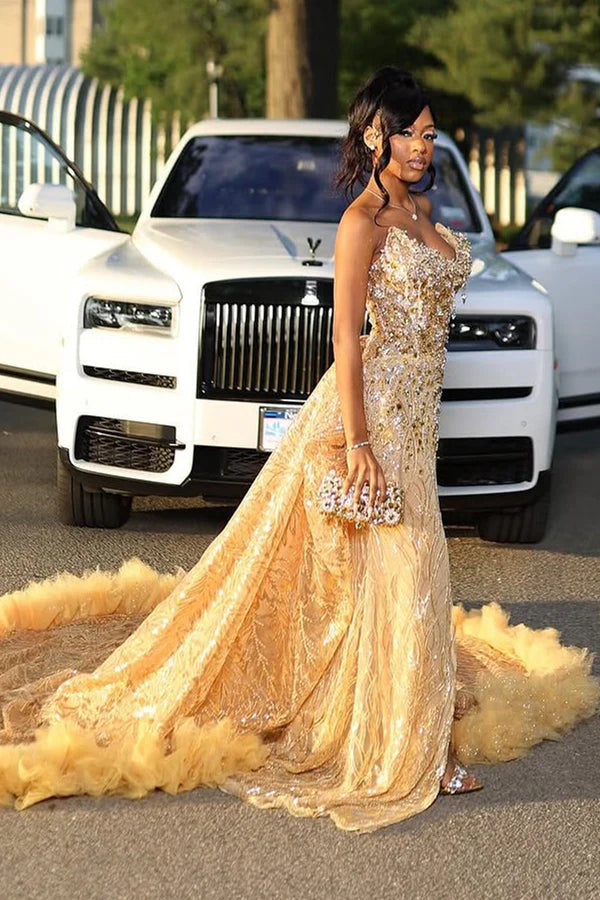 Gorgeous Golden Strapless Prom Dress Beaded Evening Gown High Slit Party Dress Trailing Long Formal Dress DP6817
