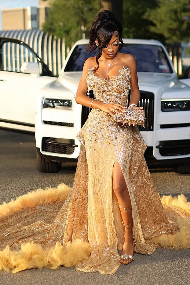 Gorgeous Golden Strapless Prom Dress Beaded Evening Gown High Slit Party Dress Trailing Long Formal Dress DP6817