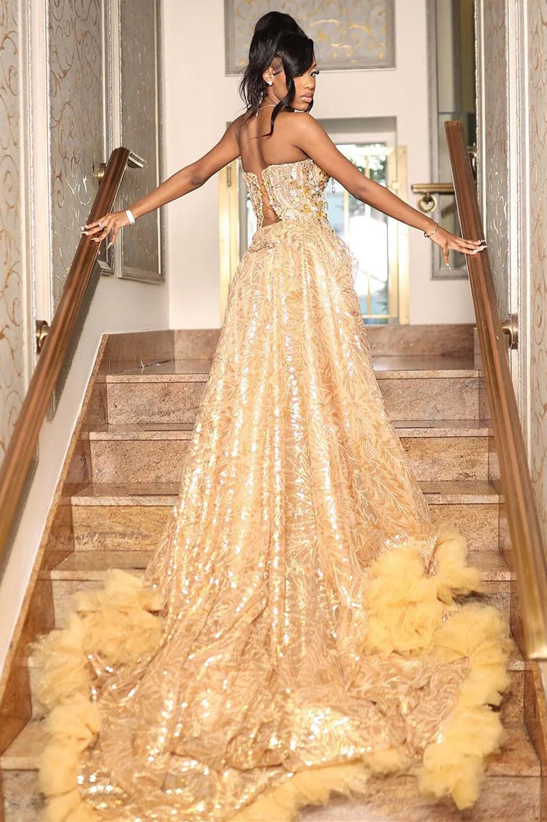 Gorgeous Golden Strapless Prom Dress Beaded Evening Gown High Slit Party Dress Trailing Long Formal Dress DP6817
