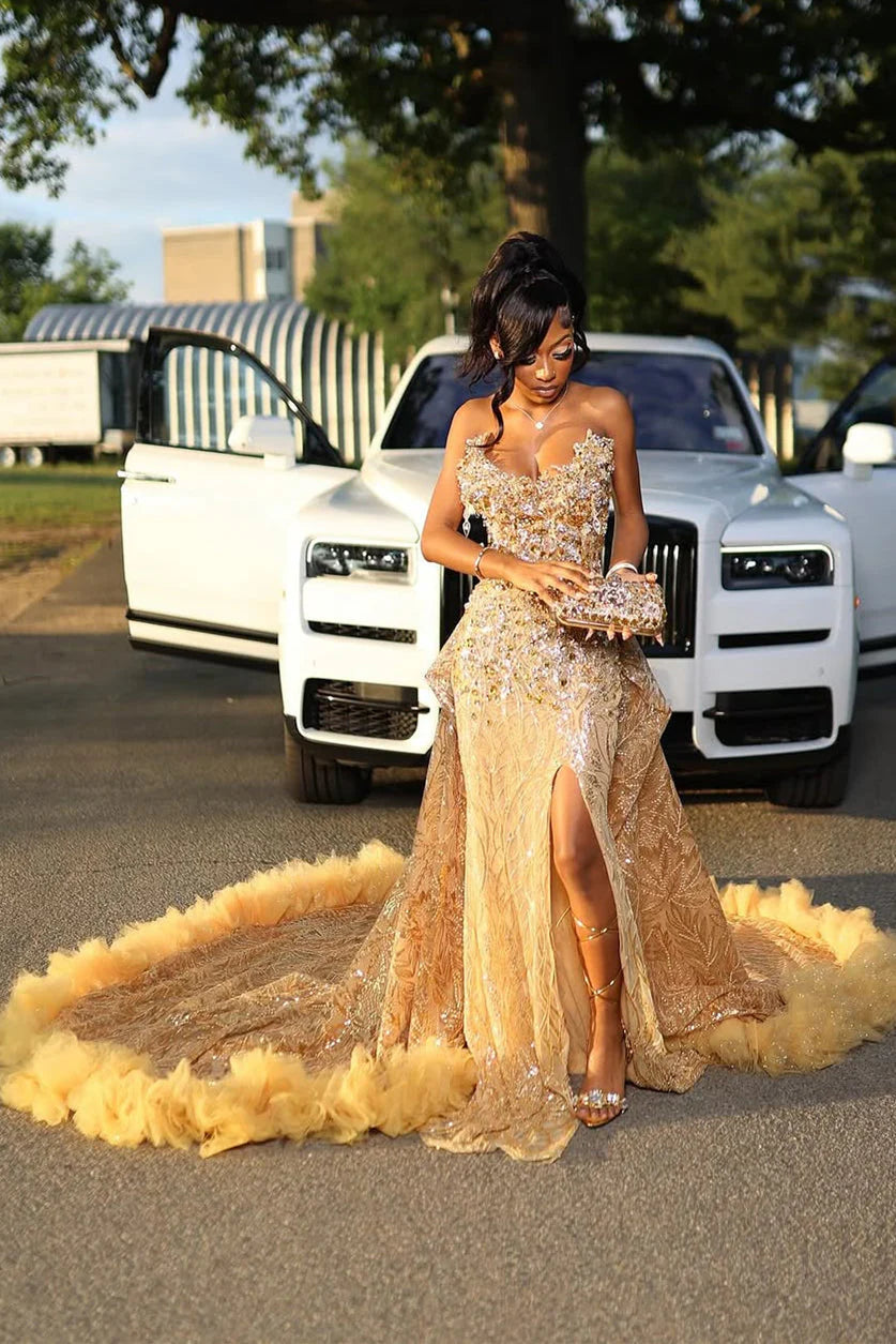 Gorgeous Golden Strapless Prom Dress Beaded Evening Gown High Slit Party Dress Trailing Long Formal Dress DP6817