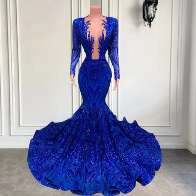 Vintage Royal Blue Mermaid Prom Dress Sequined Evening Gown Party Dress Long Formal Dress DP6834