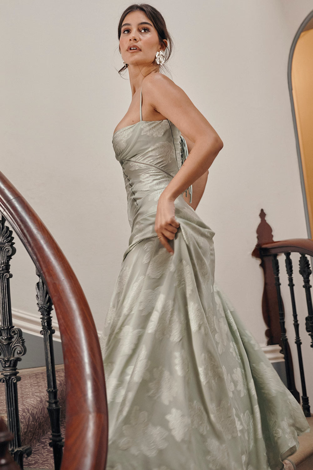 Vintage Floral Jacquard Spaghetti Strap Design Prom Dress Evening Dress DP6234