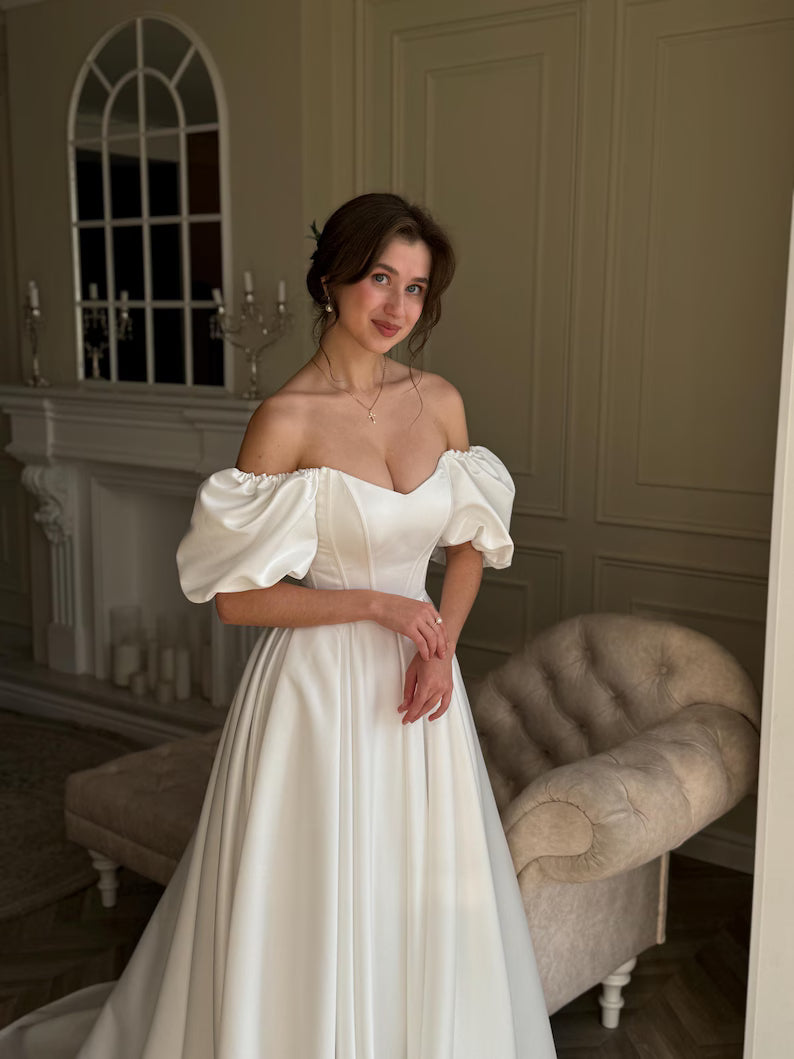 Vintage Off-the-Shoulder Puff Sleeve Satin A-Line Wedding Dress DP8608
