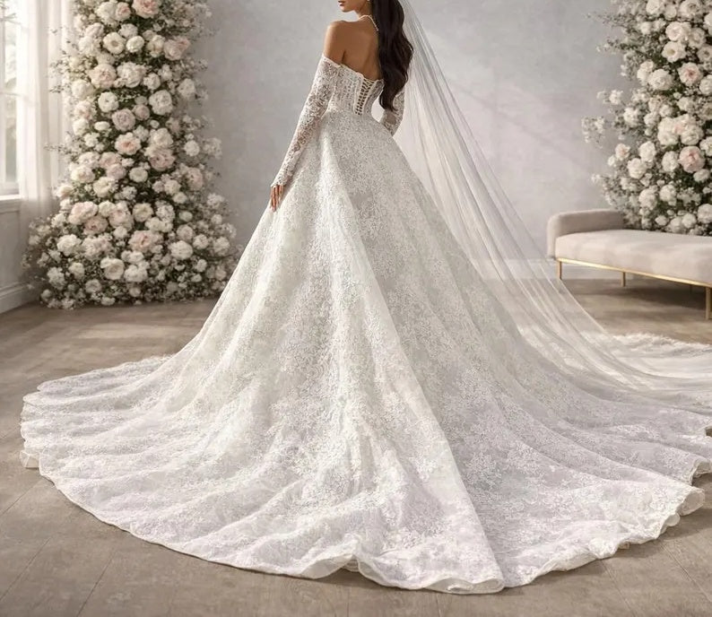 Vintage Off-the-Shoulder Long Lace Sleeve Wedding Dress Floral Lace Wedding Dress DP8606