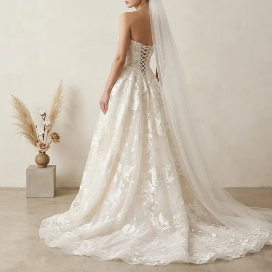 Elegant Strapless Tulle 3D Floral Lace Applique A-Line Wedding Dress DP8595