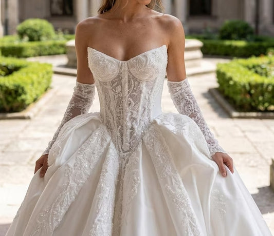 Elegant Strapless Sweetheart Corset Satin Detachable Long Lace Sleeves Embroidery Wedding Dress DP8591