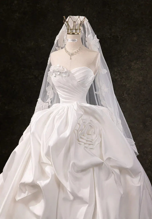 Vintage Strapless Ruched Satin 3D Floral Ruffled A-Line Wedding Dress DP8607