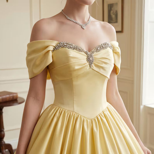 Elegant Pale Yellow Satin Off-the-Shoulder Beaded Sweetheart Sweet 15 Quinceanera Ball Gown DP8598