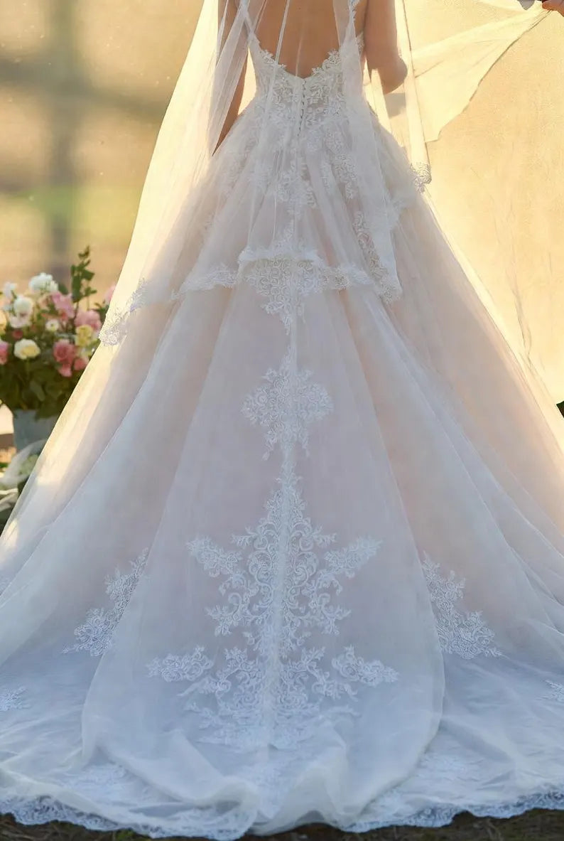 Elegant Off-the-Shoulder Sweetheart Tulle 3D Floral Lace Applique A-Line Wedding Dress DP8593