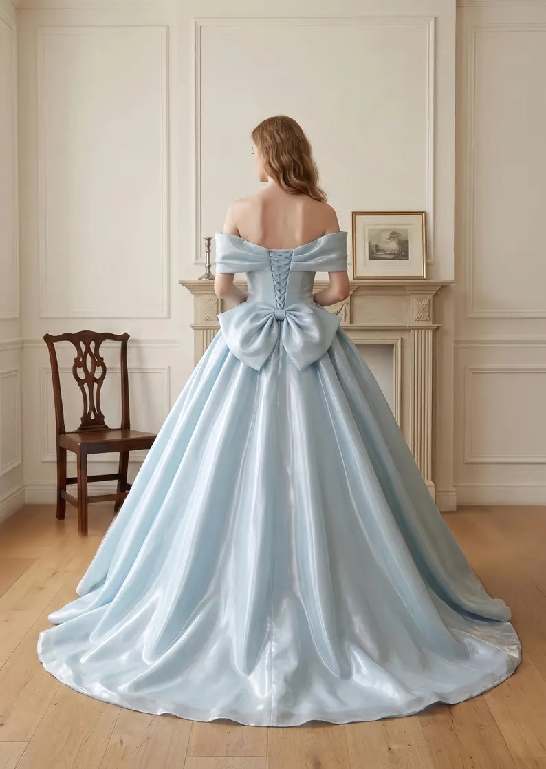 Elegant Light Blue Off-the-Shoulder Satin Ruffle Sweet 15 Quinceanera Ball Gown DP8586