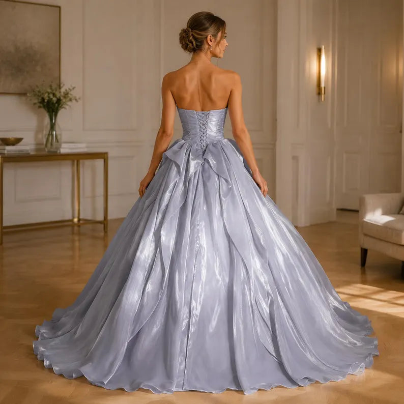 Elegant Silver Organza Strapless Sweetheart 3D Ruffle Sweet 15 Quinceanera Ball Gown DP8605